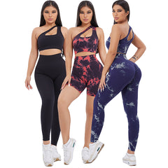 One-Shoulder Seamless Tie-Dye Yoga Set for Women – Sports Bra & Leggings or Shorts