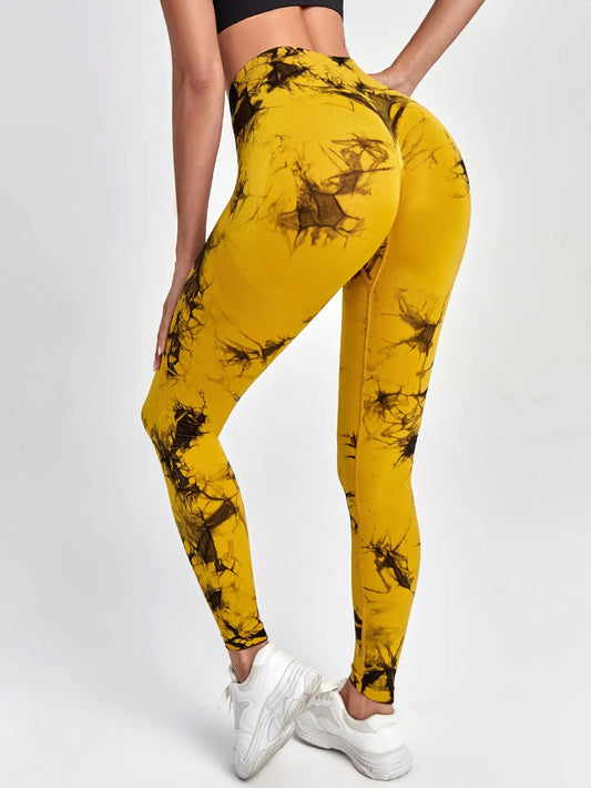 Pantalones de yoga con efecto tie dye para mujer, leggings push-up de cintura alta sin costuras para fitness