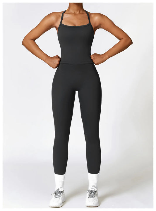 Conjunto de yoga de 2 piezas sin costuras para mujer: top corto de manga larga y leggings de cintura alta para entrenamiento