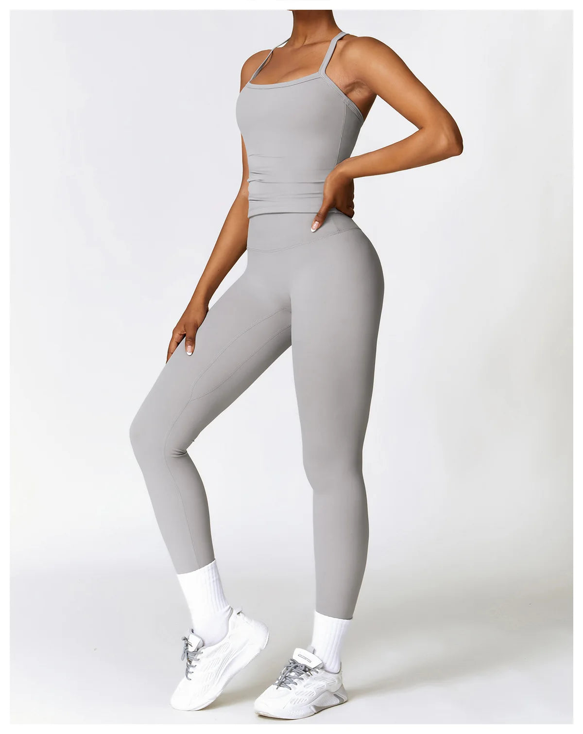 Conjunto de yoga de 2 piezas sin costuras para mujer: top corto de manga larga y leggings de cintura alta para entrenamiento