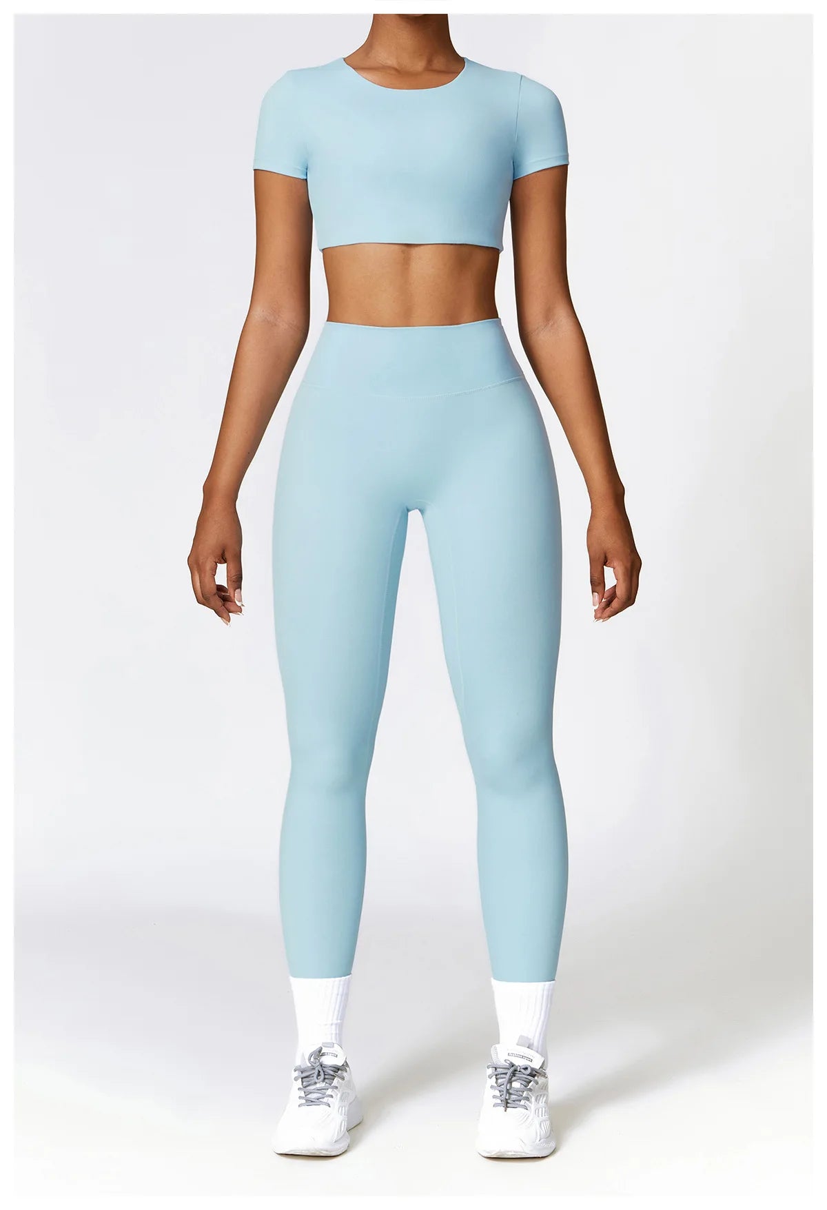 Conjunto de yoga de 2 piezas sin costuras para mujer: top corto de manga larga y leggings de cintura alta para entrenamiento