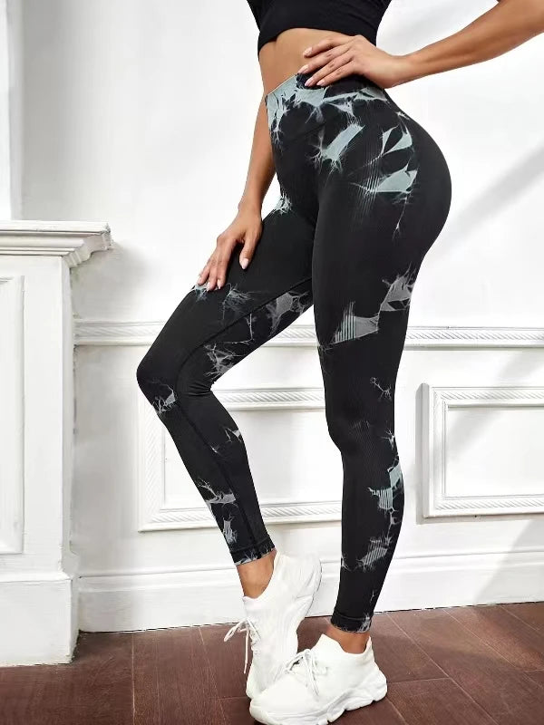 Pantalones de yoga con efecto tie dye para mujer, leggings push-up de cintura alta sin costuras para fitness