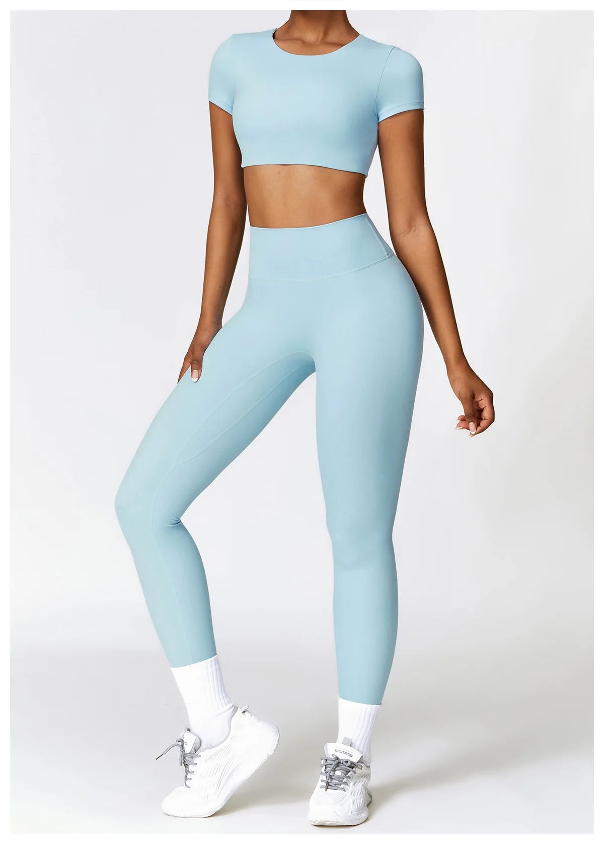 Conjunto de yoga de 2 piezas sin costuras para mujer: top corto de manga larga y leggings de cintura alta para entrenamiento