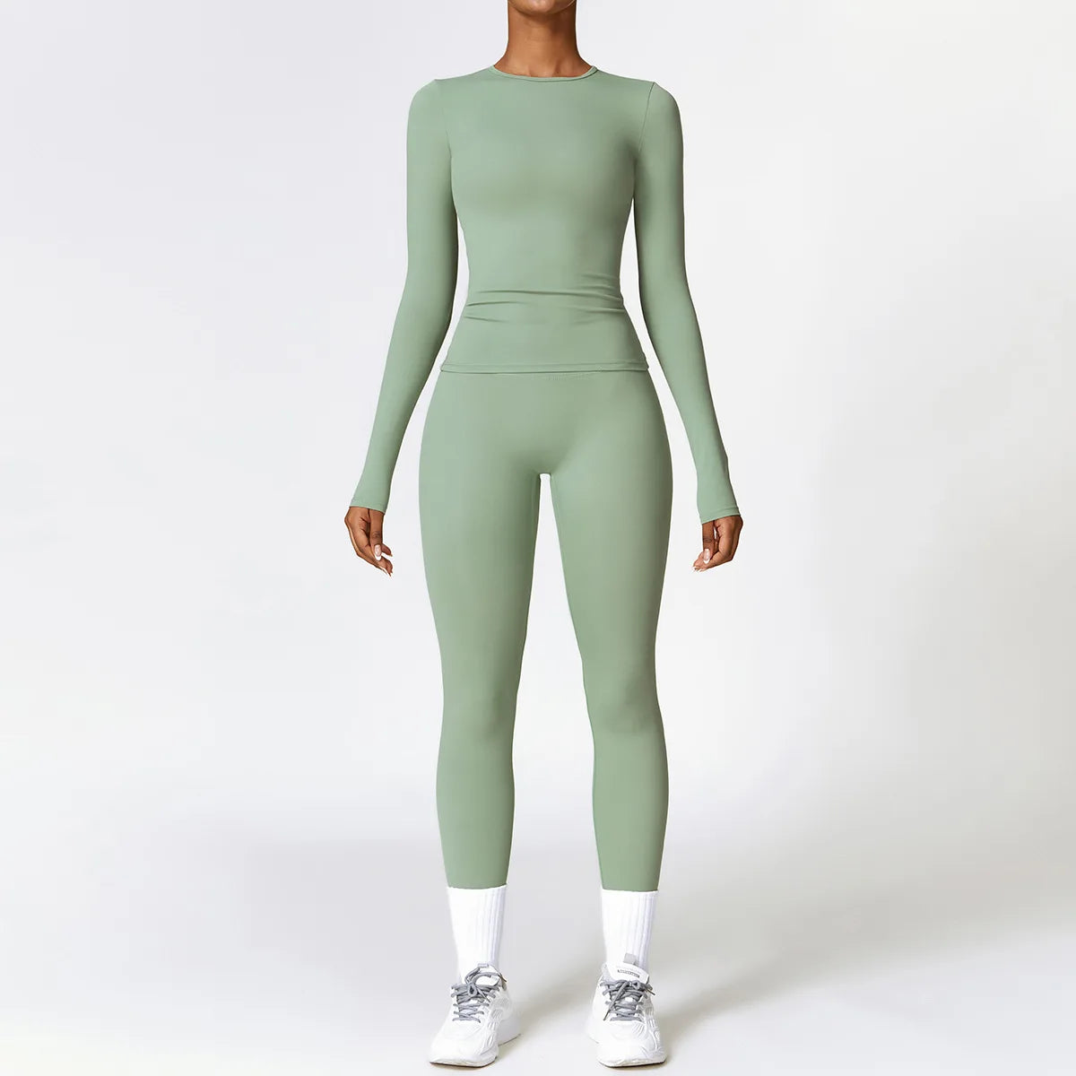 Conjunto de yoga de 2 piezas sin costuras para mujer: top corto de manga larga y leggings de cintura alta para entrenamiento