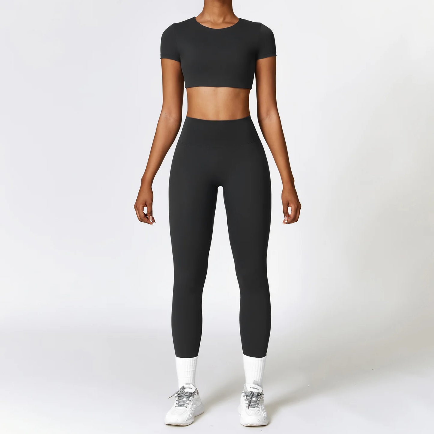 Conjunto de yoga de 2 piezas sin costuras para mujer: top corto de manga larga y leggings de cintura alta para entrenamiento