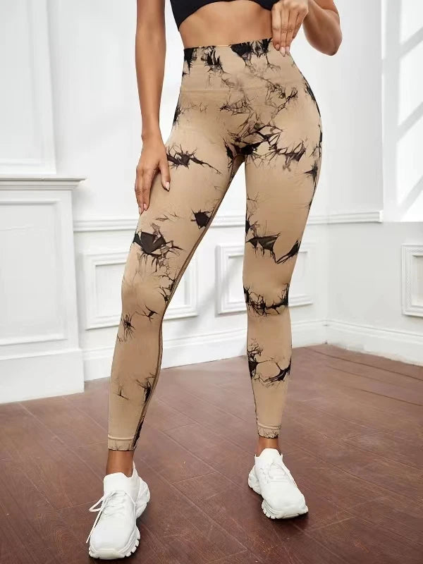 Pantalones de yoga con efecto tie dye para mujer, leggings push-up de cintura alta sin costuras para fitness