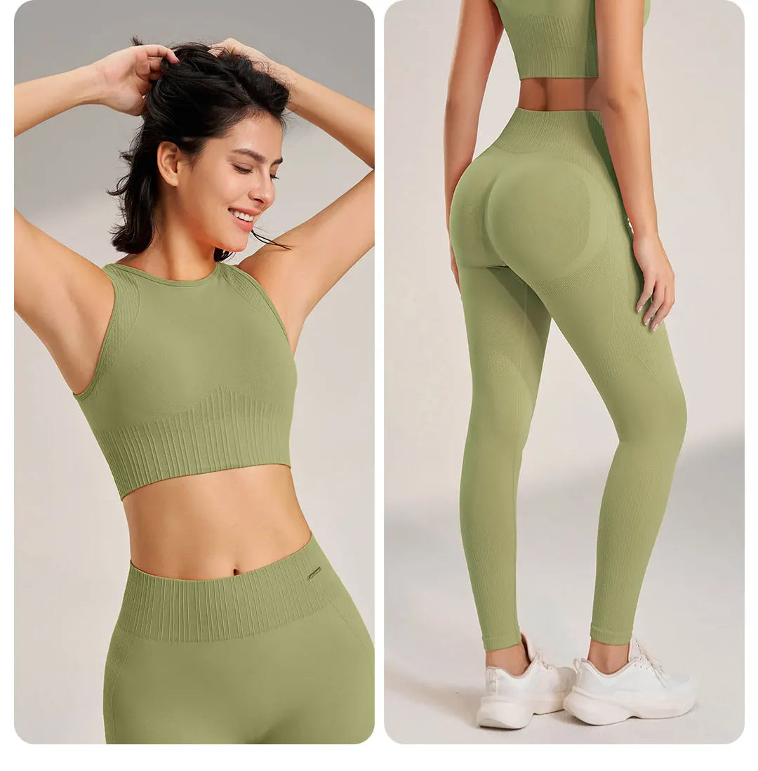 Conjunto de yoga sin costuras para mujer: leggings de cintura alta y camiseta de entrenamiento