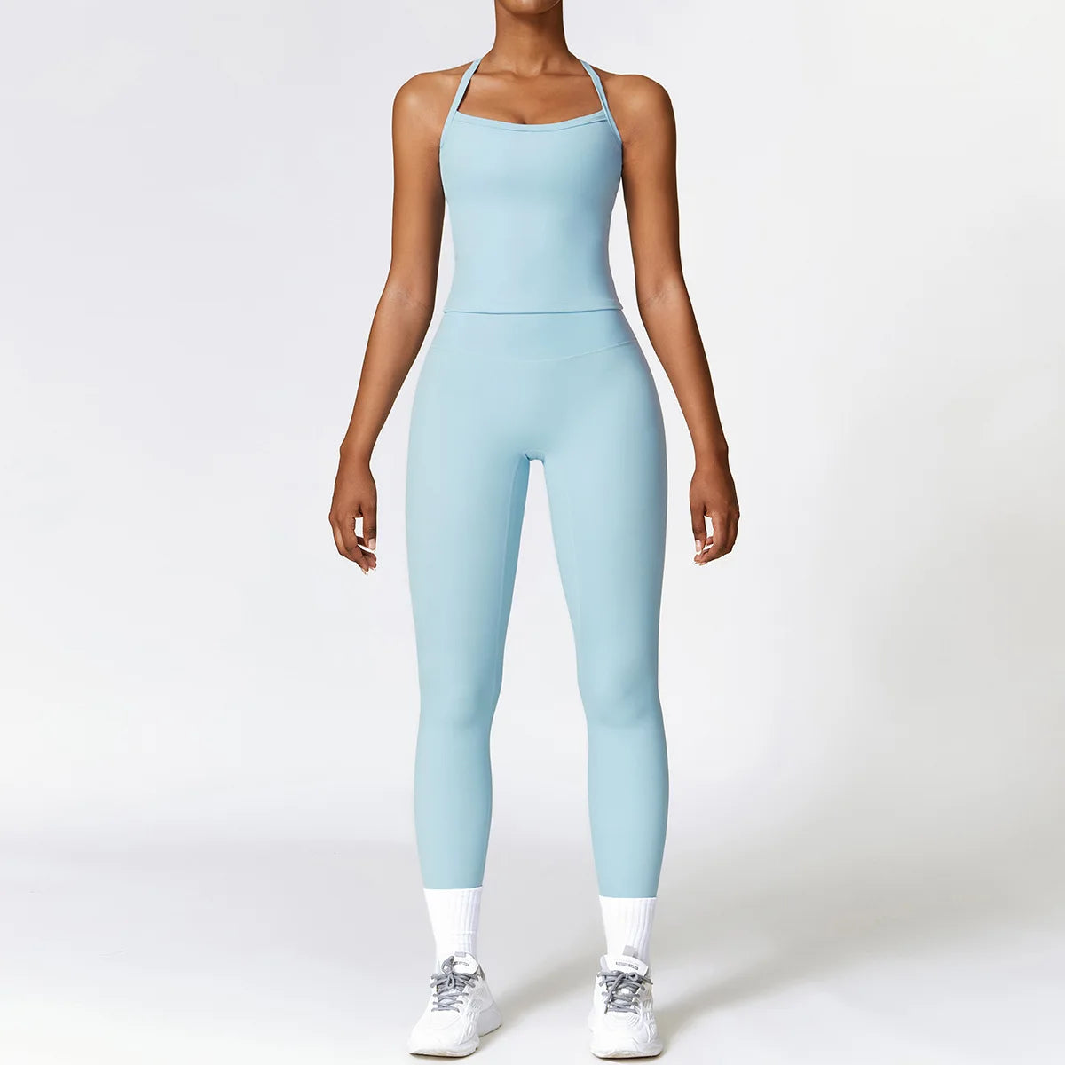 Conjunto de yoga de 2 piezas sin costuras para mujer: top corto de manga larga y leggings de cintura alta para entrenamiento