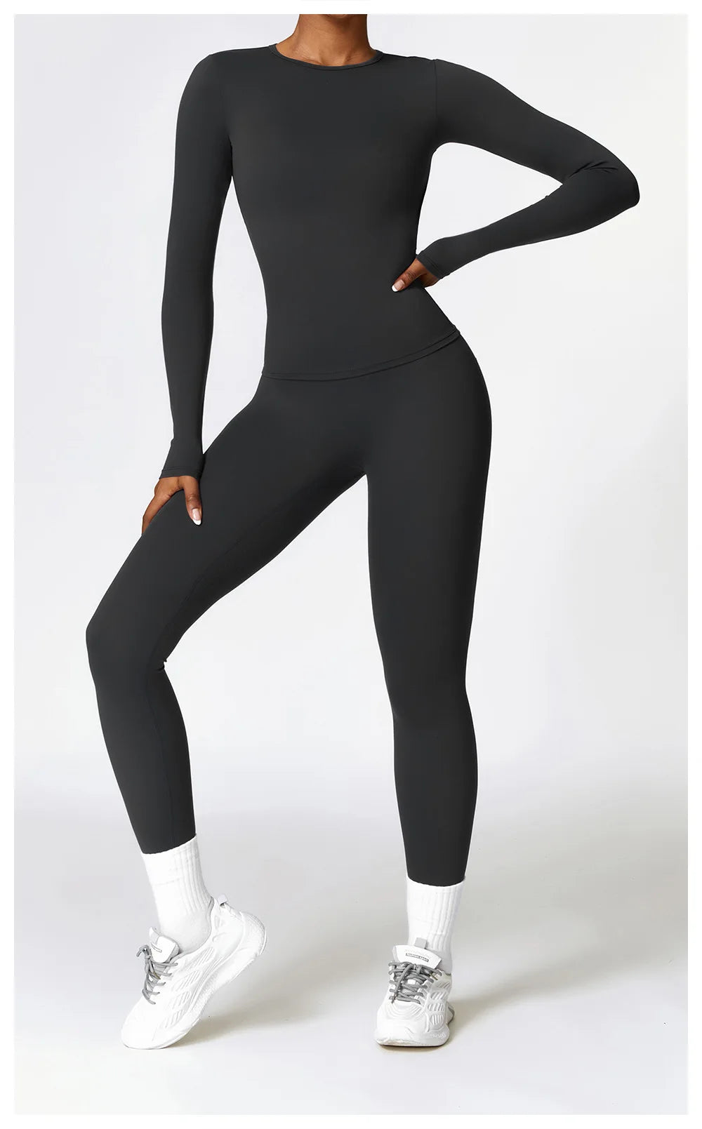 Conjunto de yoga de 2 piezas sin costuras para mujer: top corto de manga larga y leggings de cintura alta para entrenamiento