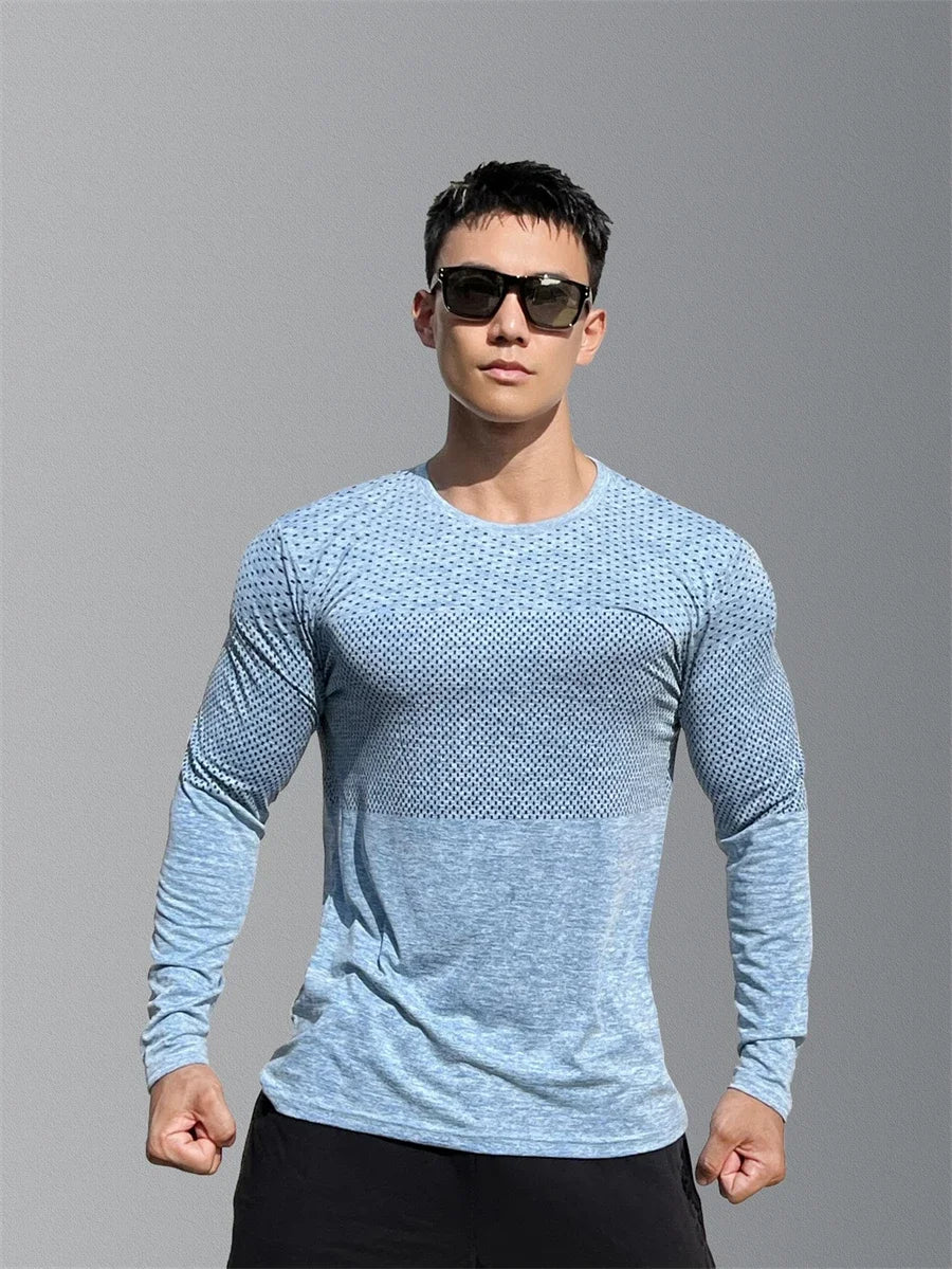 Camiseta deportiva de manga larga para hombre: secado rápido, para gimnasio, fitness y culturismo