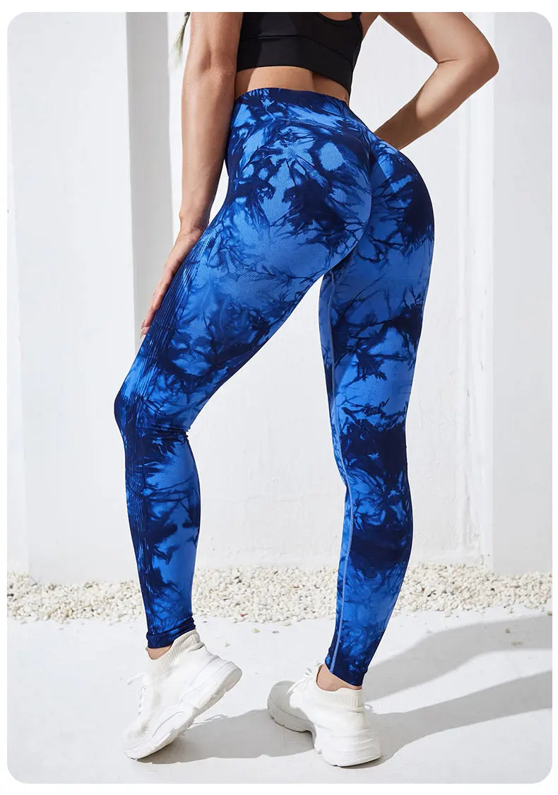 Pantalones de yoga con efecto tie dye para mujer, leggings push-up de cintura alta sin costuras para fitness