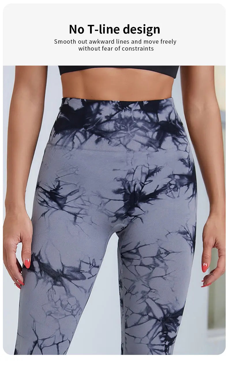 Pantalones de yoga con efecto tie dye para mujer, leggings push-up de cintura alta sin costuras para fitness