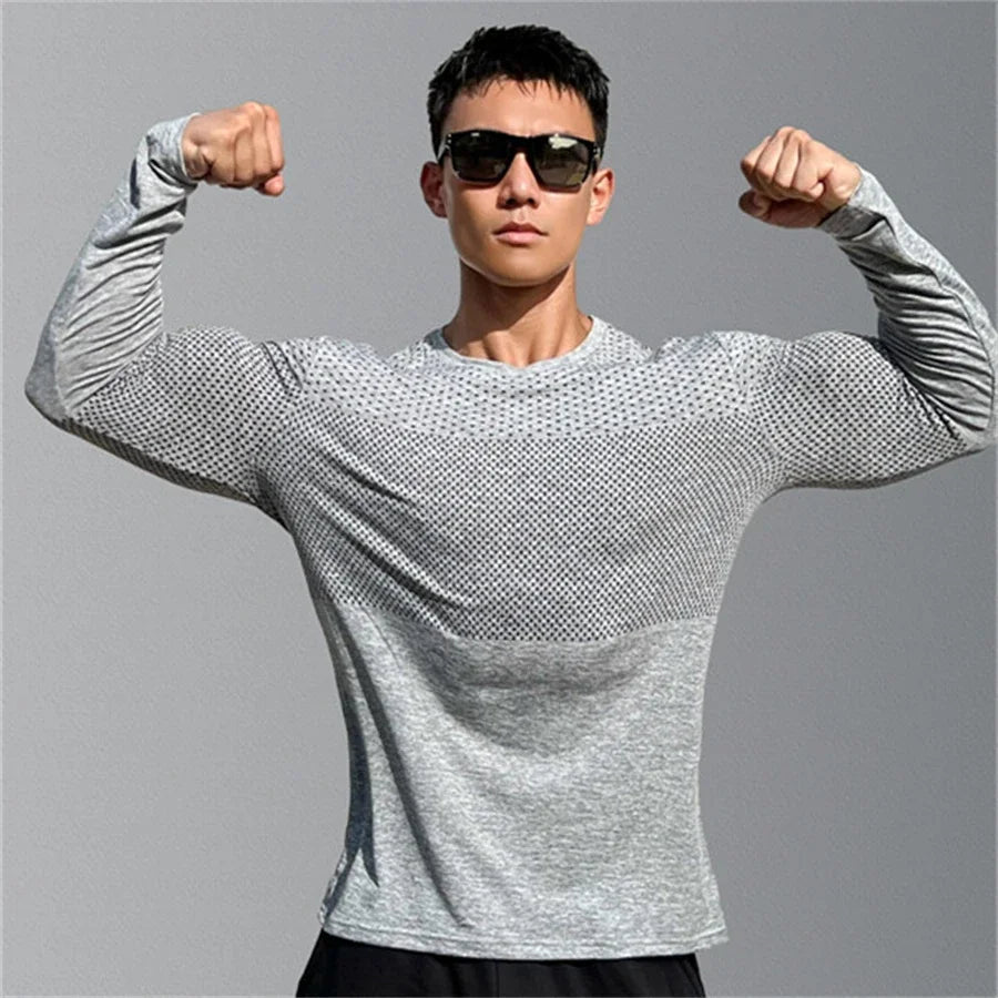 Camiseta deportiva de manga larga para hombre: secado rápido, para gimnasio, fitness y culturismo