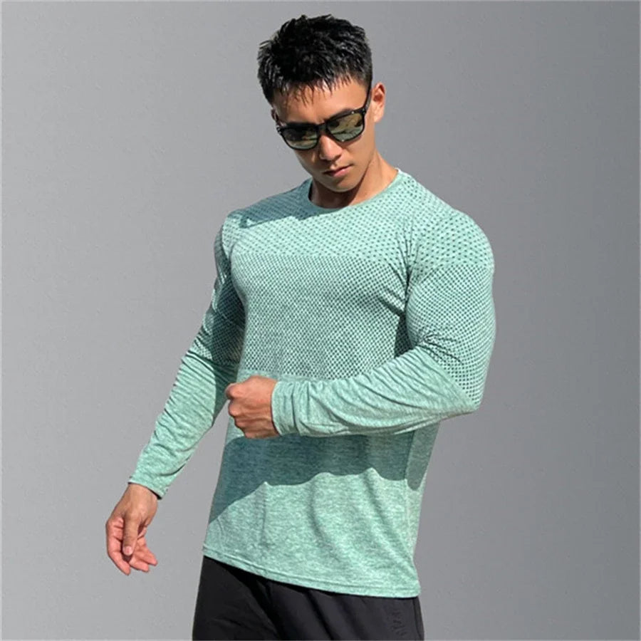 Camiseta deportiva de manga larga para hombre: secado rápido, para gimnasio, fitness y culturismo