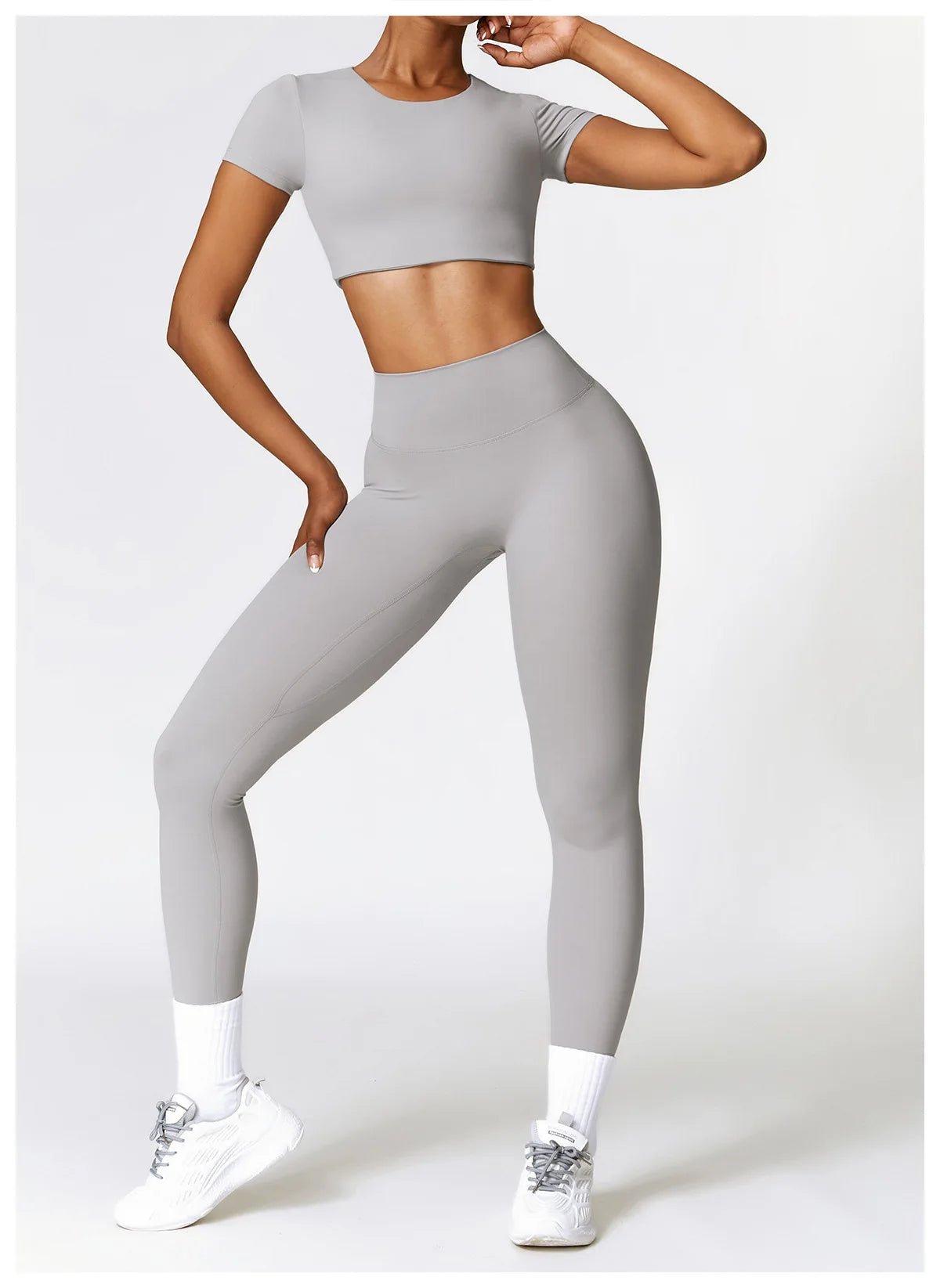 Conjunto de yoga de 2 piezas sin costuras para mujer: top corto de manga larga y leggings de cintura alta para entrenamiento