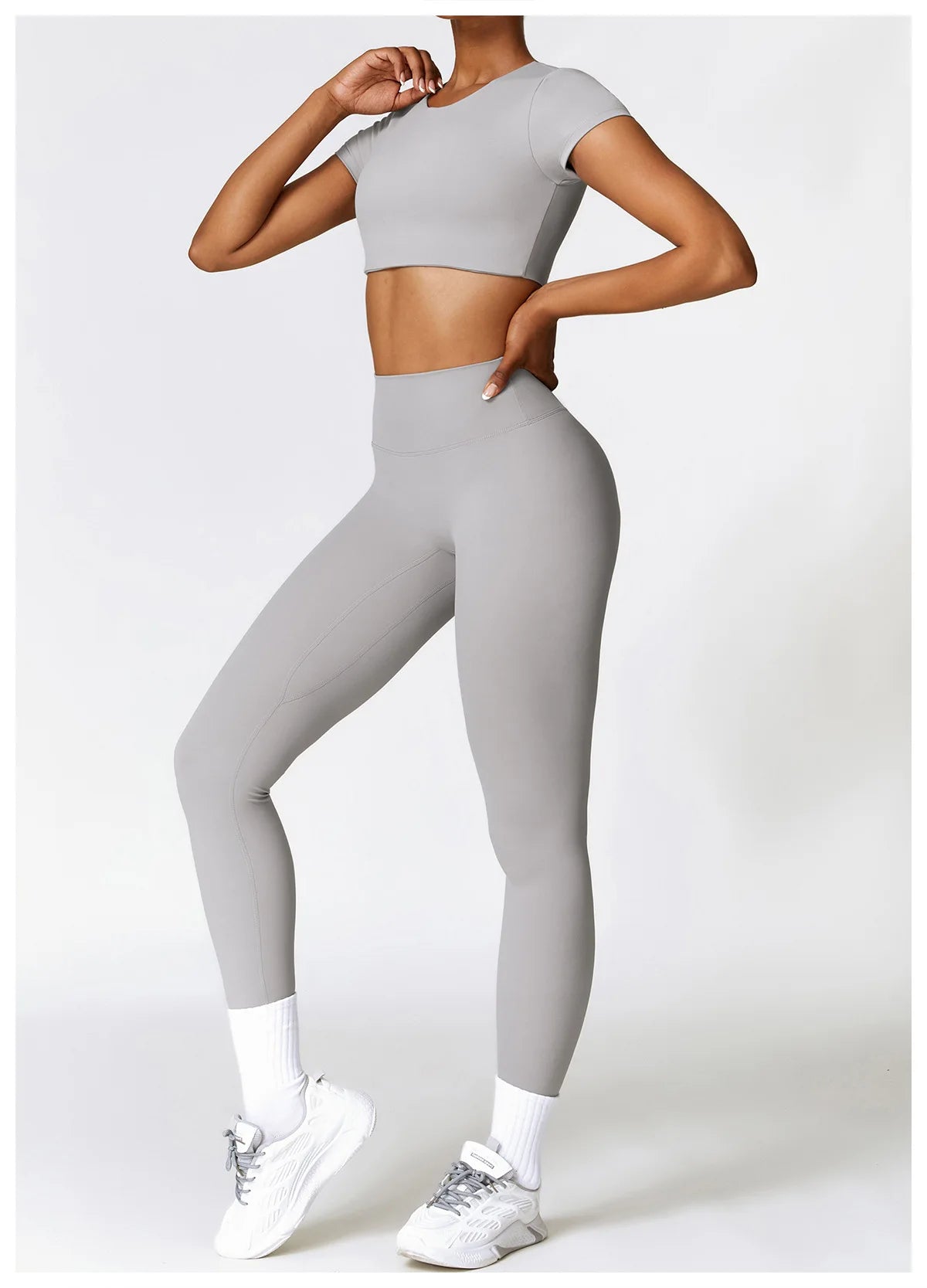 Conjunto de yoga de 2 piezas sin costuras para mujer: top corto de manga larga y leggings de cintura alta para entrenamiento