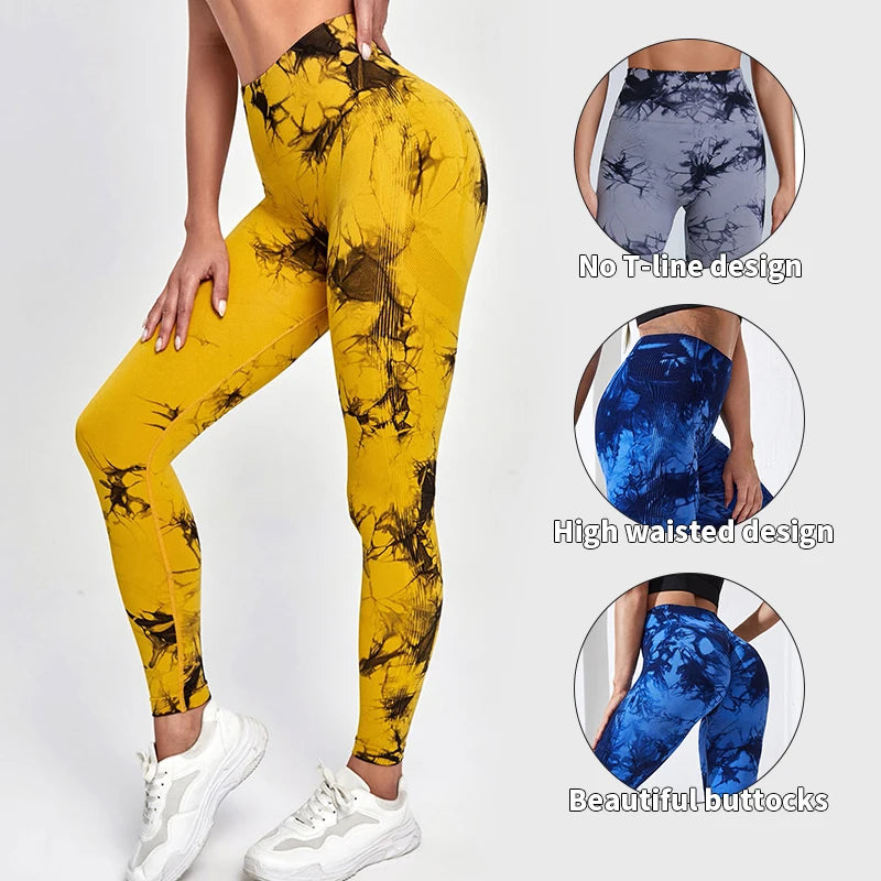 Pantalones de yoga con efecto tie dye para mujer, leggings push-up de cintura alta sin costuras para fitness