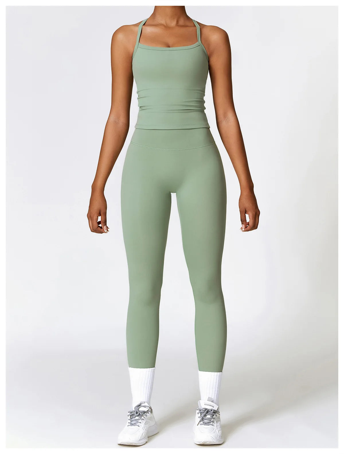 Conjunto de yoga de 2 piezas sin costuras para mujer: top corto de manga larga y leggings de cintura alta para entrenamiento