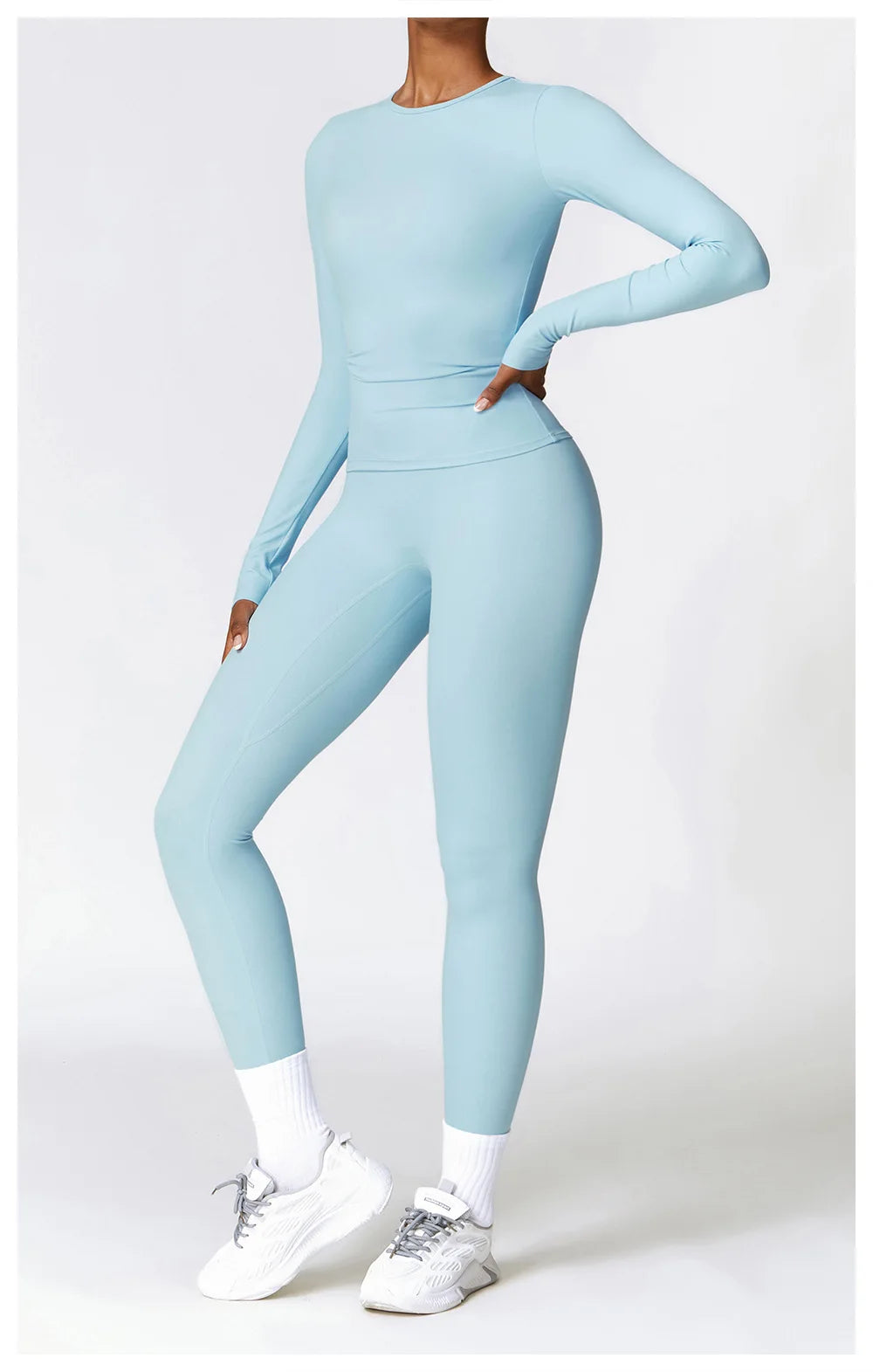 Conjunto de yoga de 2 piezas sin costuras para mujer: top corto de manga larga y leggings de cintura alta para entrenamiento