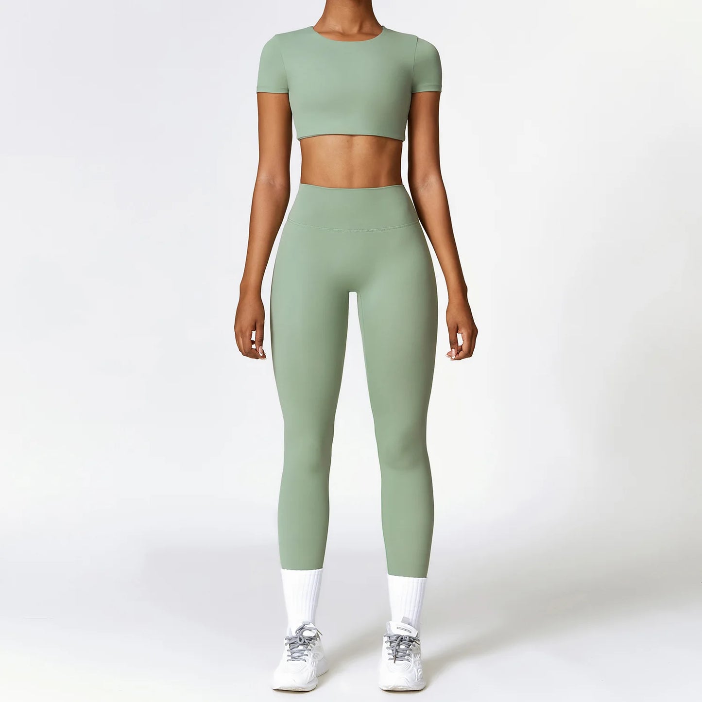 Conjunto de yoga de 2 piezas sin costuras para mujer: top corto de manga larga y leggings de cintura alta para entrenamiento