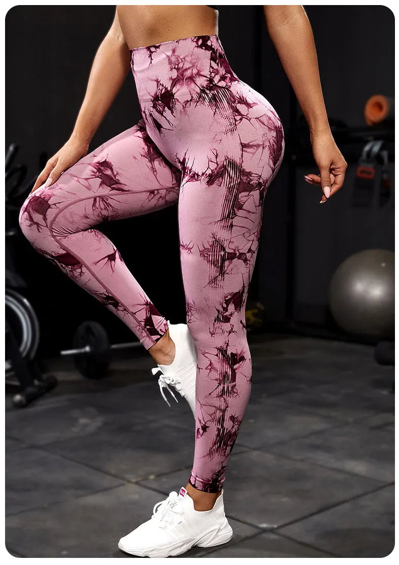 Pantalones de yoga con efecto tie dye para mujer, leggings push-up de cintura alta sin costuras para fitness