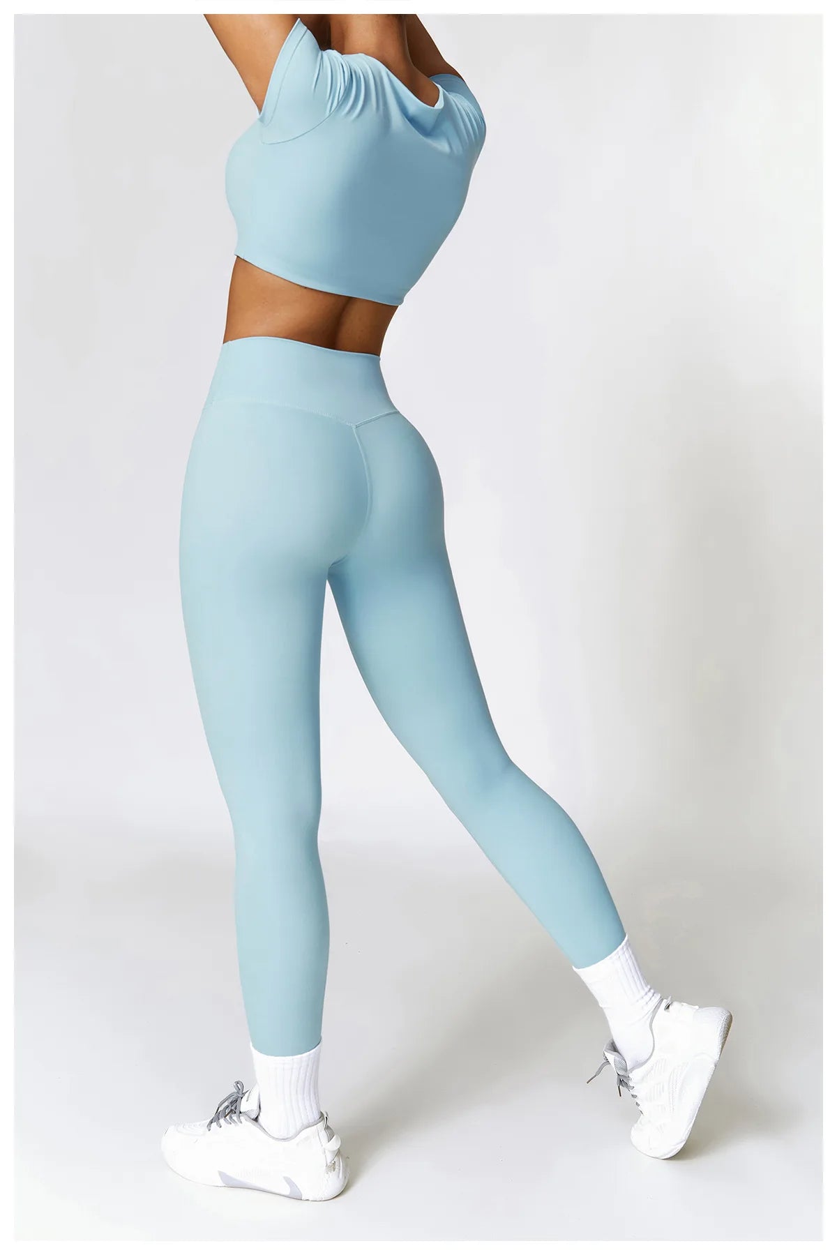 Conjunto de yoga de 2 piezas sin costuras para mujer: top corto de manga larga y leggings de cintura alta para entrenamiento