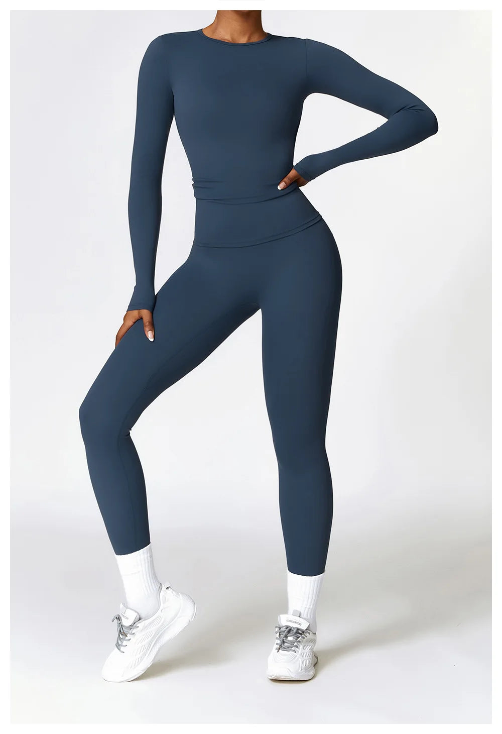 Conjunto de yoga de 2 piezas sin costuras para mujer: top corto de manga larga y leggings de cintura alta para entrenamiento