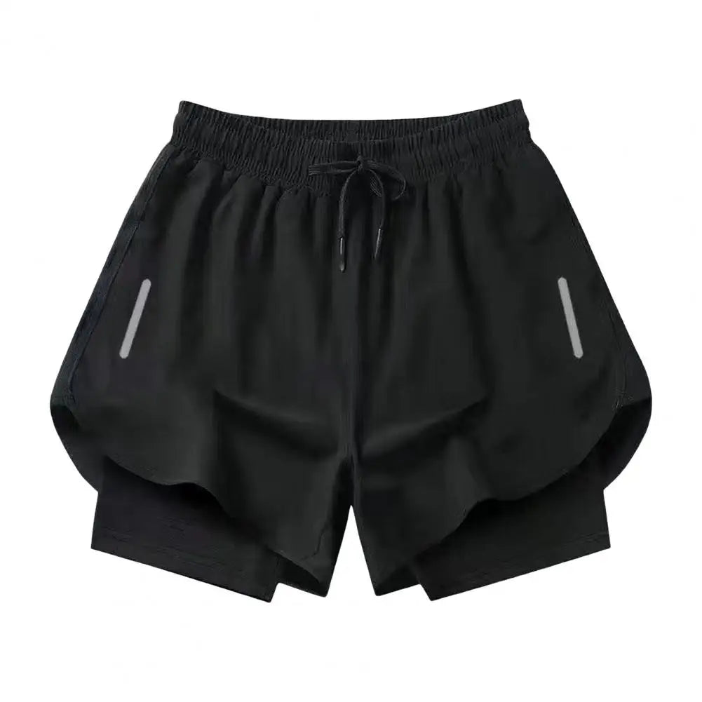 Pantalones cortos de baño de secado rápido para hombre, cintura elástica, doble capa, para correr, ajuste transpirable