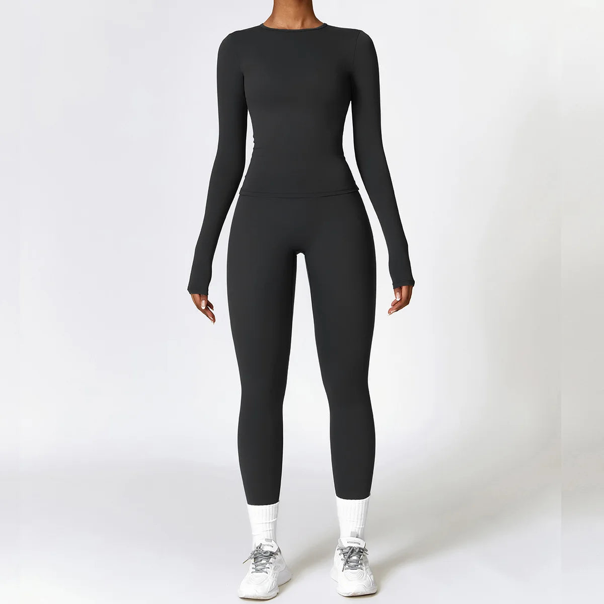 Conjunto de yoga de 2 piezas sin costuras para mujer: top corto de manga larga y leggings de cintura alta para entrenamiento