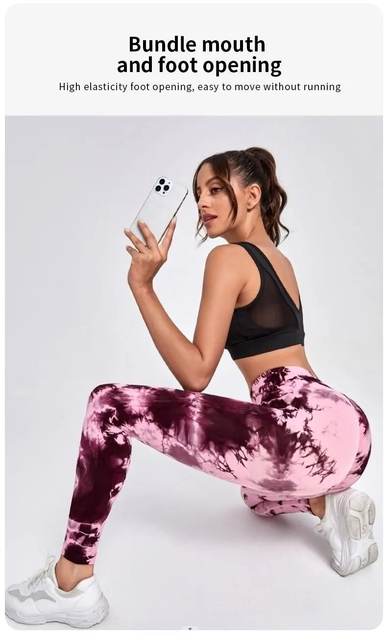 Pantalones de yoga con efecto tie dye para mujer, leggings push-up de cintura alta sin costuras para fitness