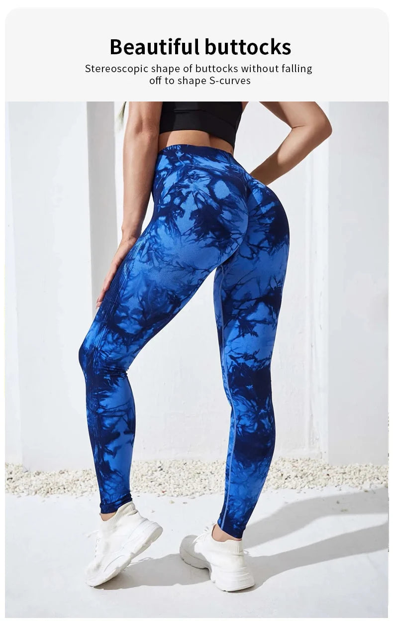 Pantalones de yoga con efecto tie dye para mujer, leggings push-up de cintura alta sin costuras para fitness