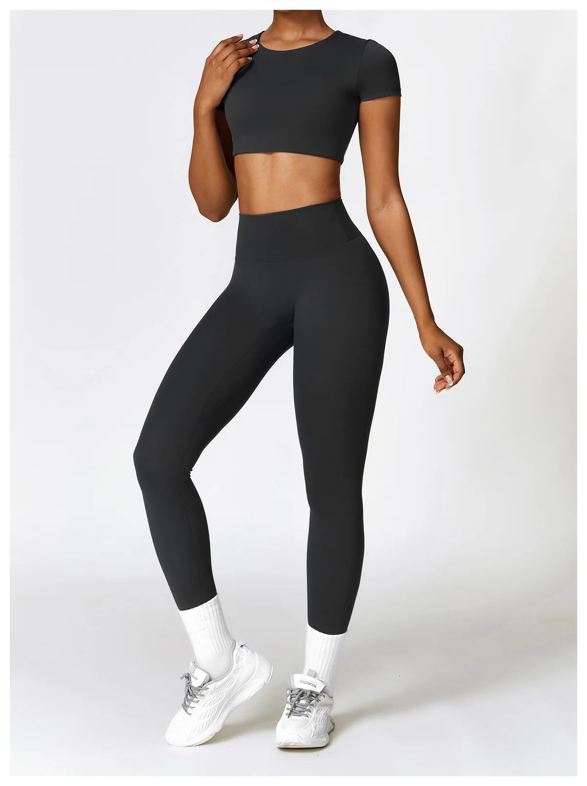 Conjunto de yoga de 2 piezas sin costuras para mujer: top corto de manga larga y leggings de cintura alta para entrenamiento