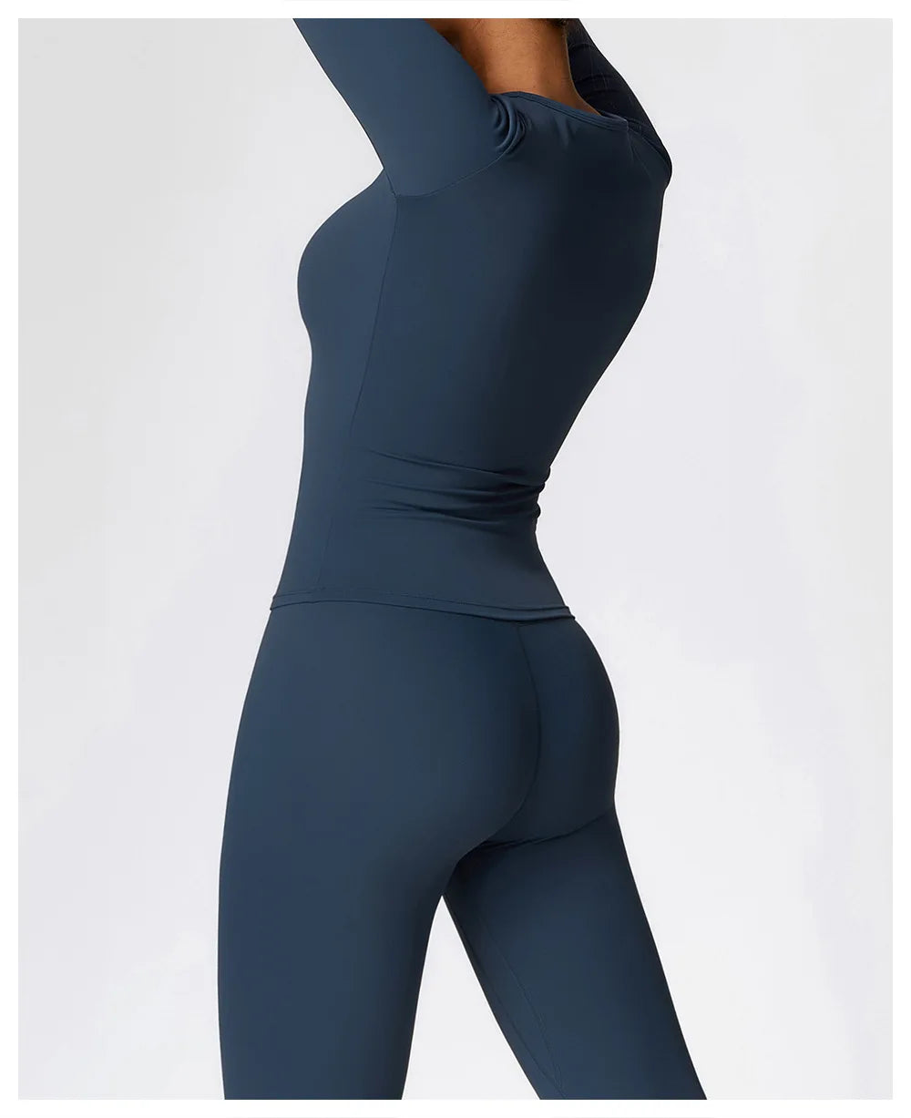 Conjunto de yoga de 2 piezas sin costuras para mujer: top corto de manga larga y leggings de cintura alta para entrenamiento