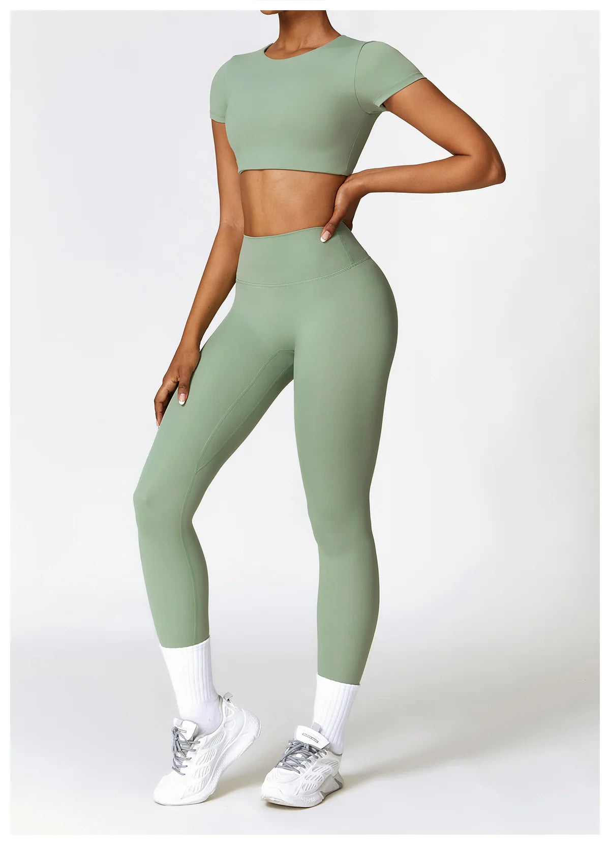 Conjunto de yoga de 2 piezas sin costuras para mujer: top corto de manga larga y leggings de cintura alta para entrenamiento