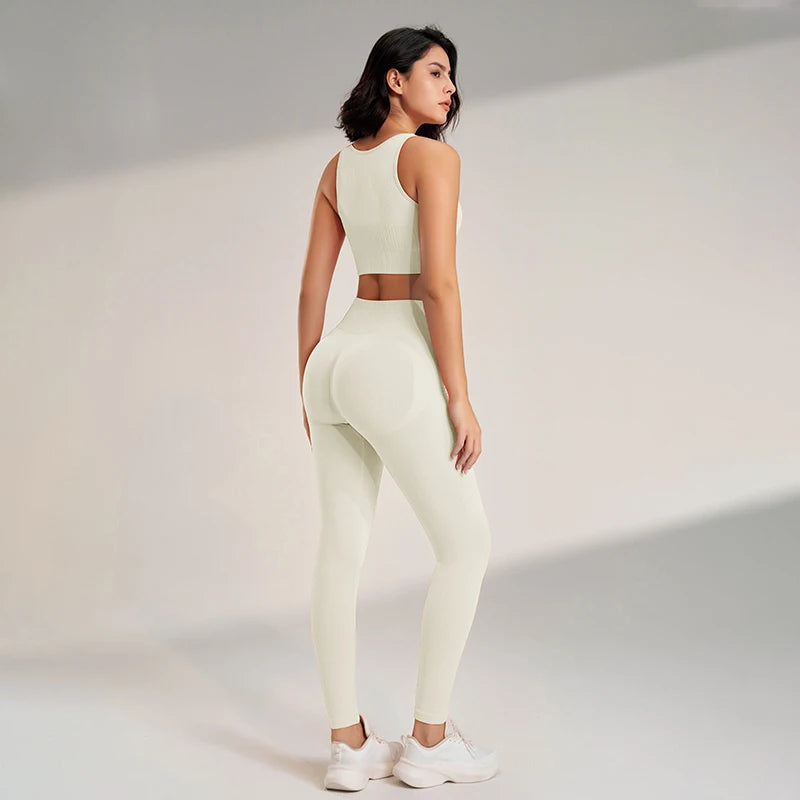 Conjunto de yoga sin costuras para mujer: leggings de cintura alta y camiseta de entrenamiento