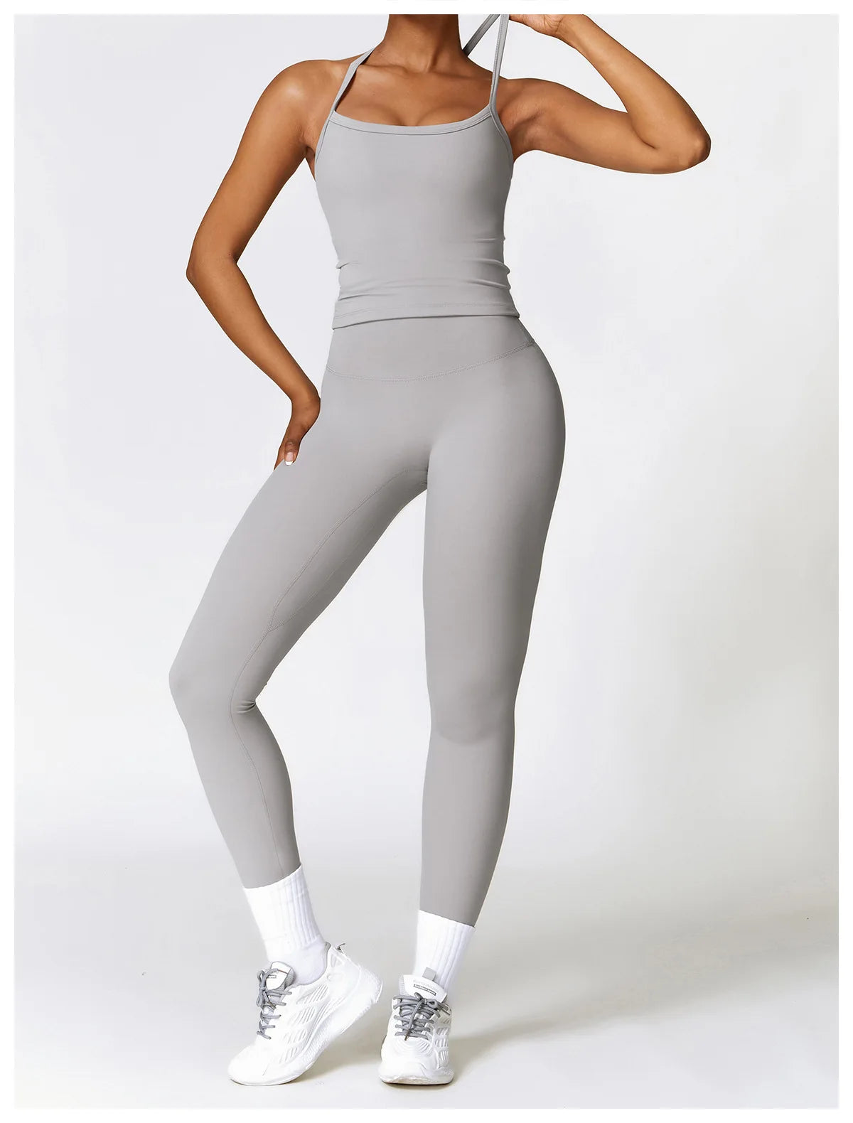 Conjunto de yoga de 2 piezas sin costuras para mujer: top corto de manga larga y leggings de cintura alta para entrenamiento