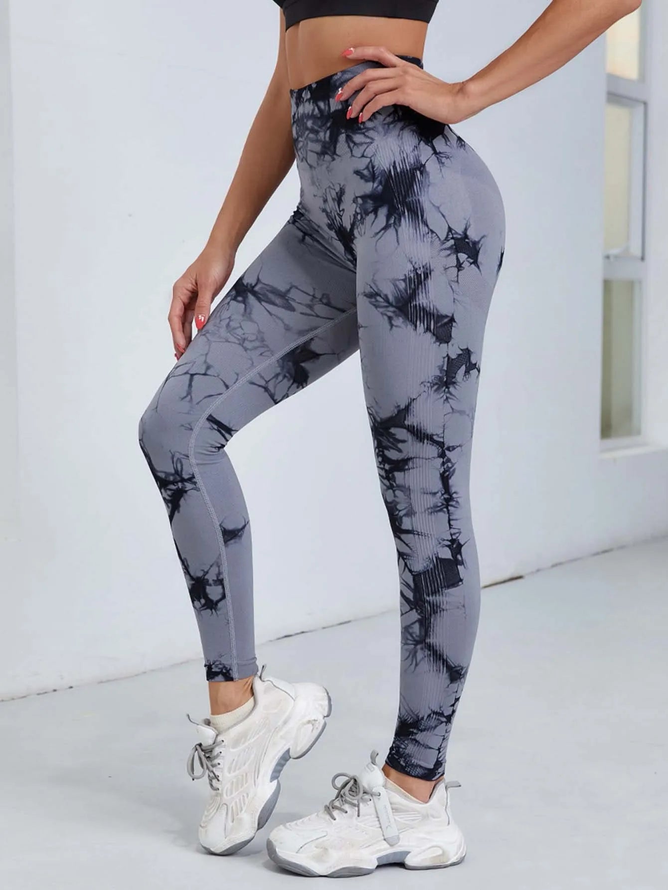 Pantalones de yoga con efecto tie dye para mujer, leggings push-up de cintura alta sin costuras para fitness