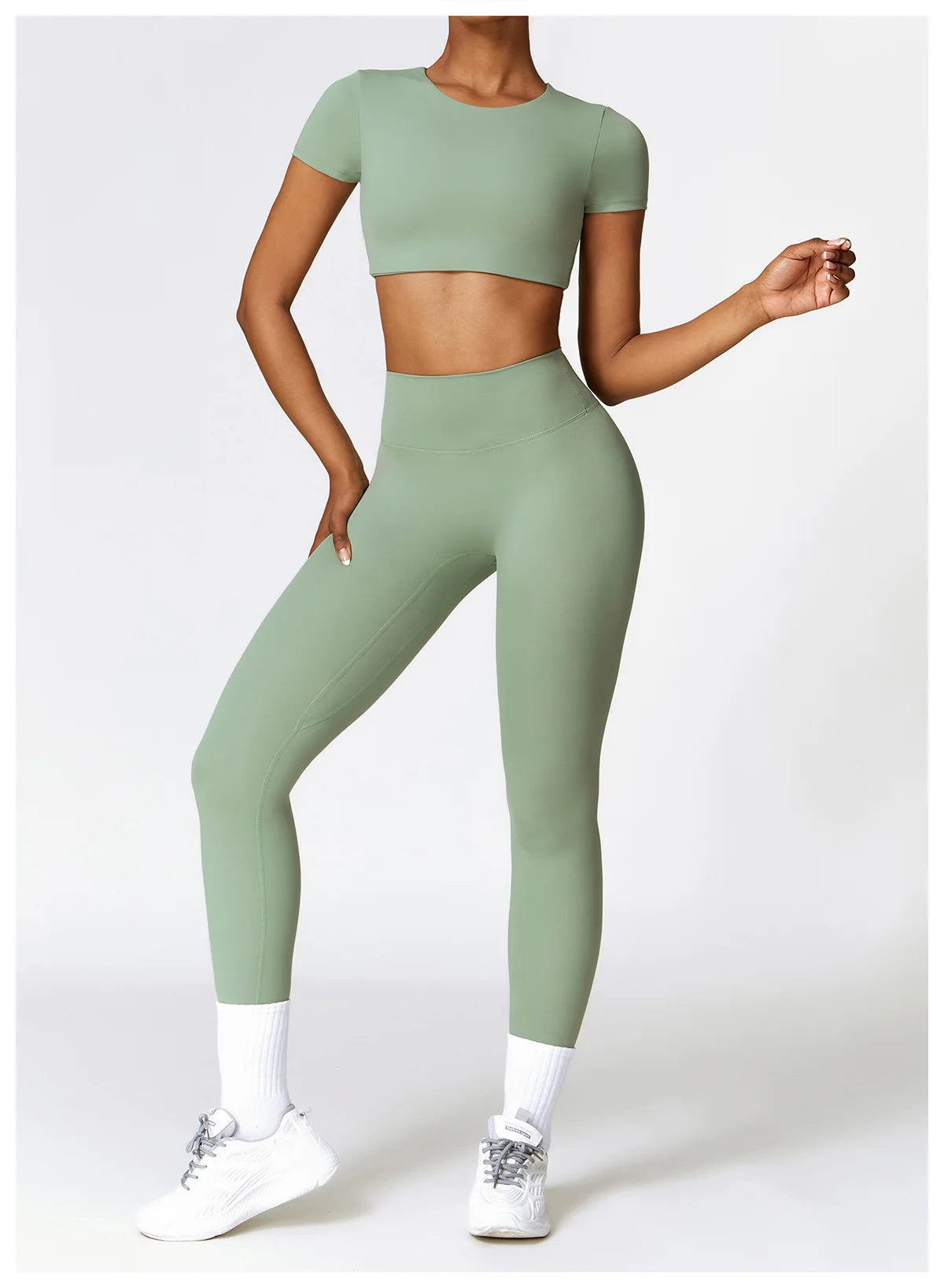 Conjunto de yoga de 2 piezas sin costuras para mujer: top corto de manga larga y leggings de cintura alta para entrenamiento