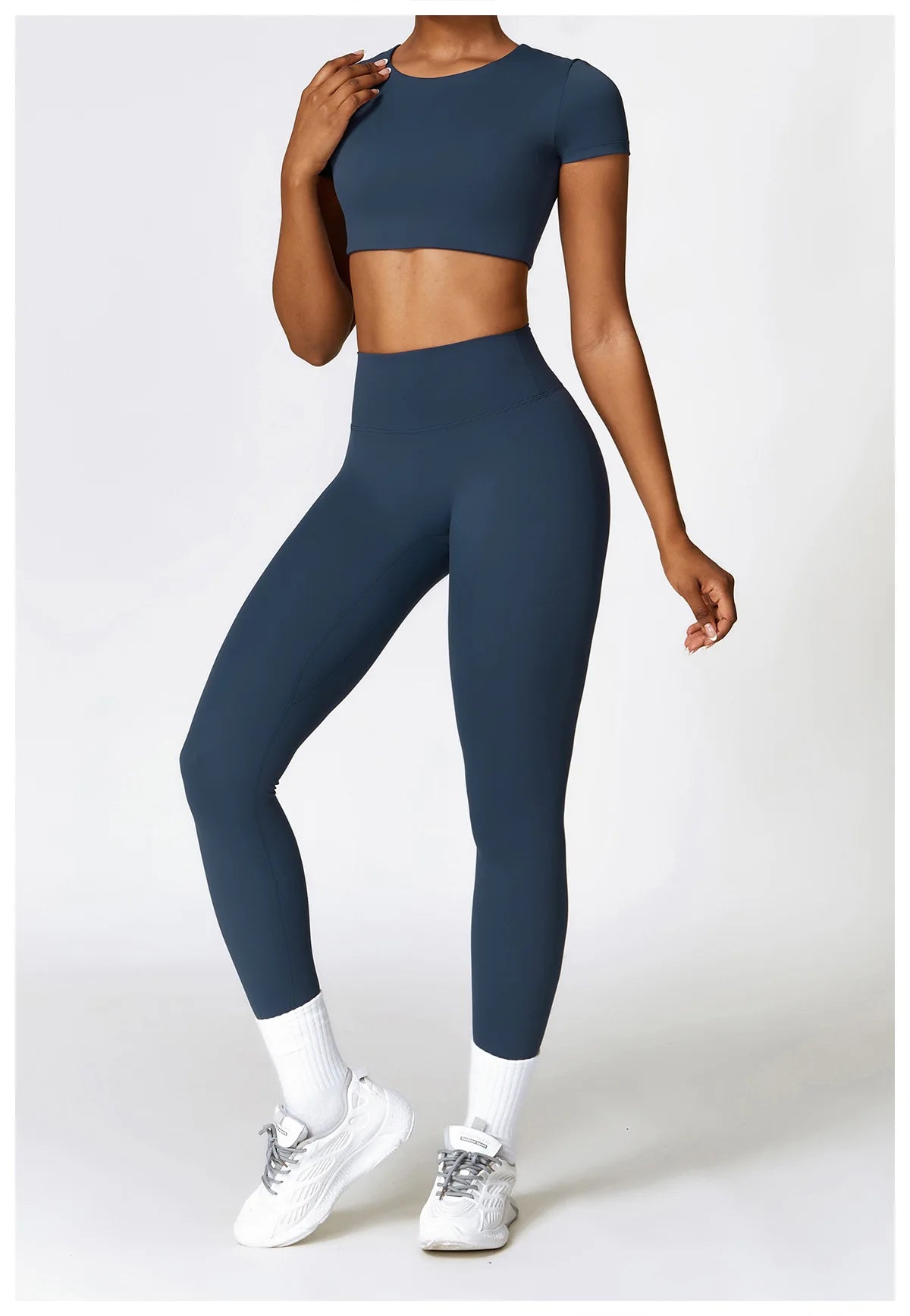 Conjunto de yoga de 2 piezas sin costuras para mujer: top corto de manga larga y leggings de cintura alta para entrenamiento