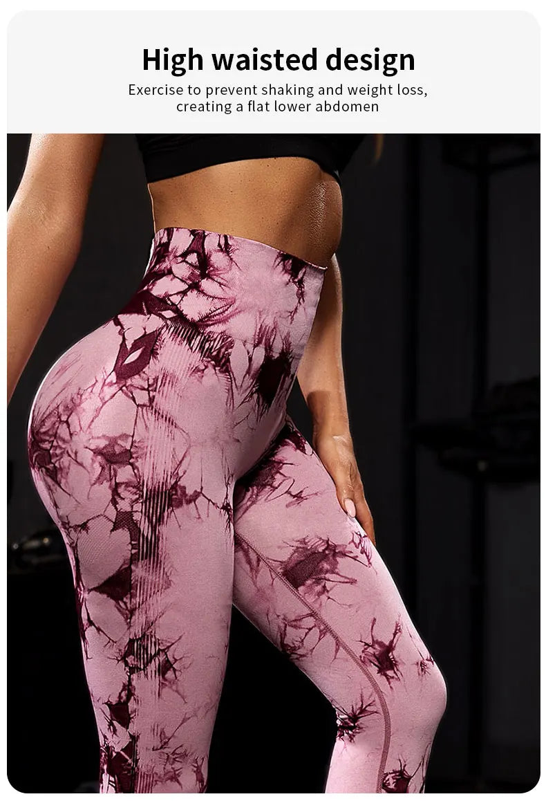 Pantalones de yoga con efecto tie dye para mujer, leggings push-up de cintura alta sin costuras para fitness