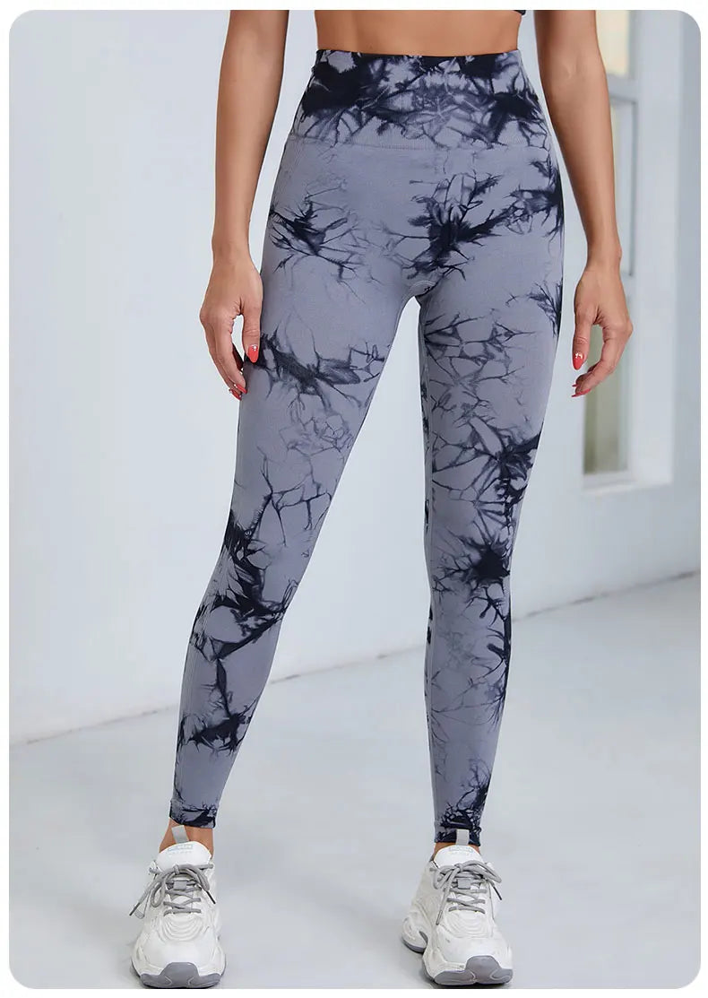 Pantalones de yoga con efecto tie dye para mujer, leggings push-up de cintura alta sin costuras para fitness