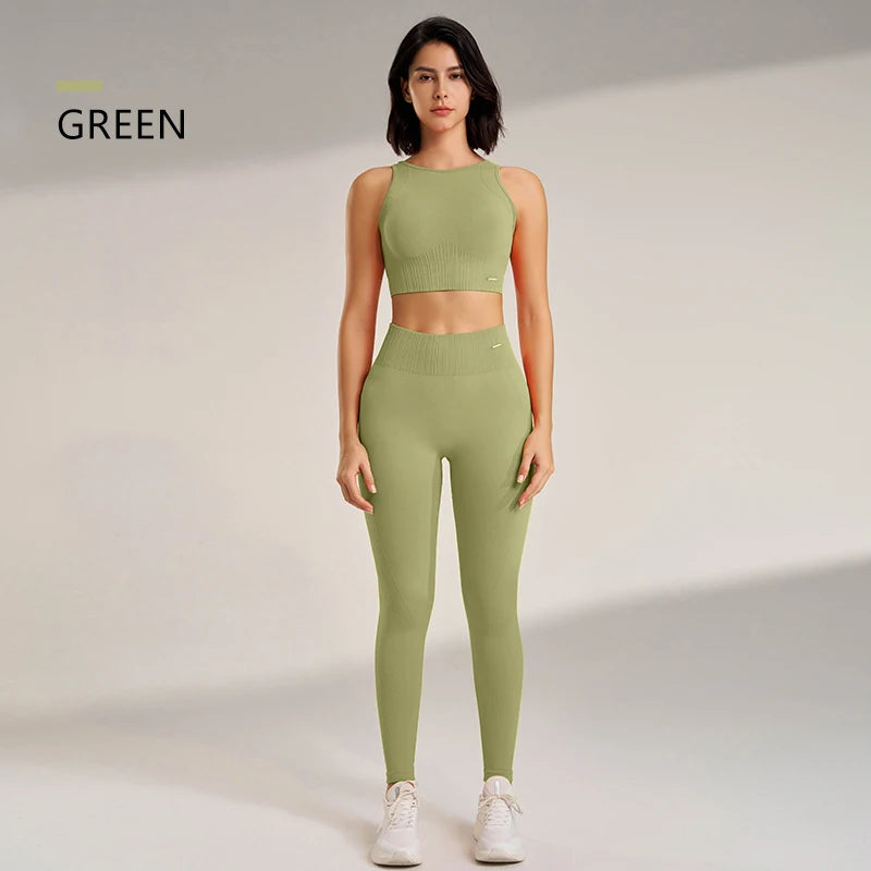 Conjunto de yoga sin costuras para mujer: leggings de cintura alta y camiseta de entrenamiento