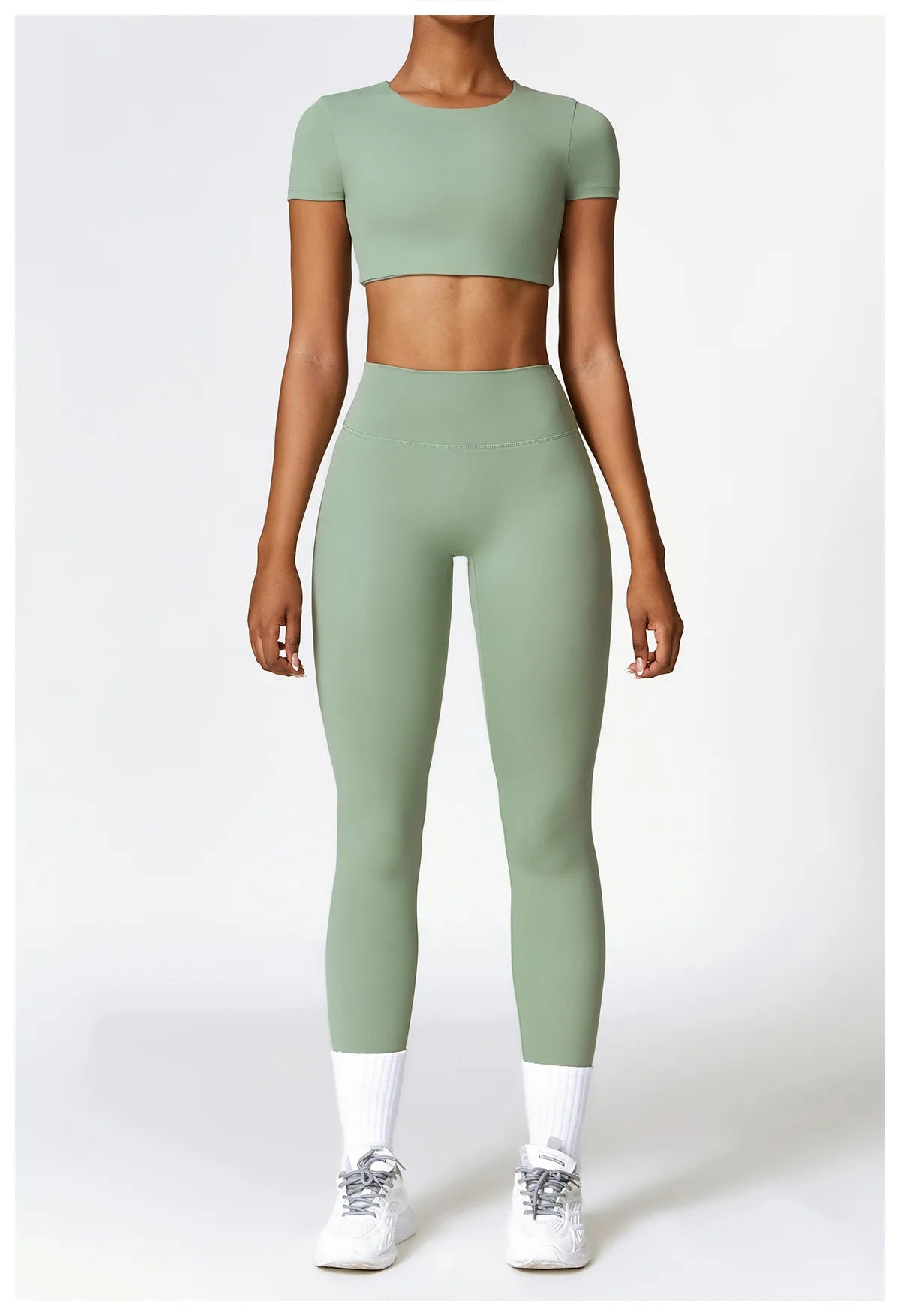 Conjunto de yoga de 2 piezas sin costuras para mujer: top corto de manga larga y leggings de cintura alta para entrenamiento