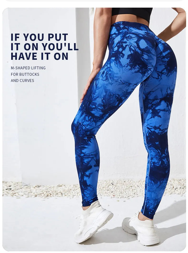 Pantalones de yoga con efecto tie dye para mujer, leggings push-up de cintura alta sin costuras para fitness