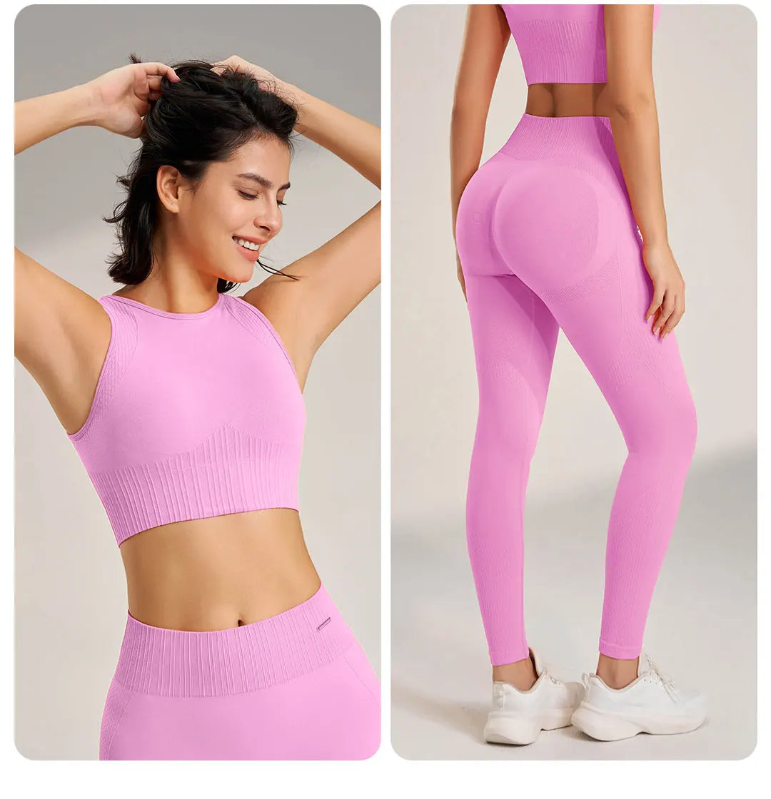 Conjunto de yoga sin costuras para mujer: leggings de cintura alta y camiseta de entrenamiento