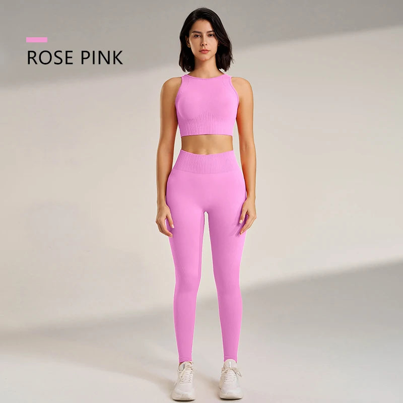 Conjunto de yoga sin costuras para mujer: leggings de cintura alta y camiseta de entrenamiento