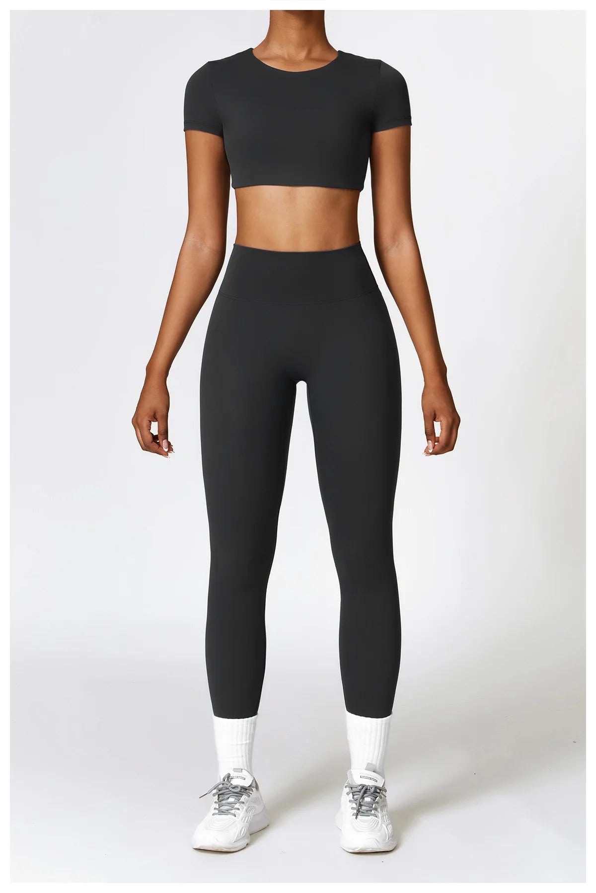 Conjunto de yoga de 2 piezas sin costuras para mujer: top corto de manga larga y leggings de cintura alta para entrenamiento