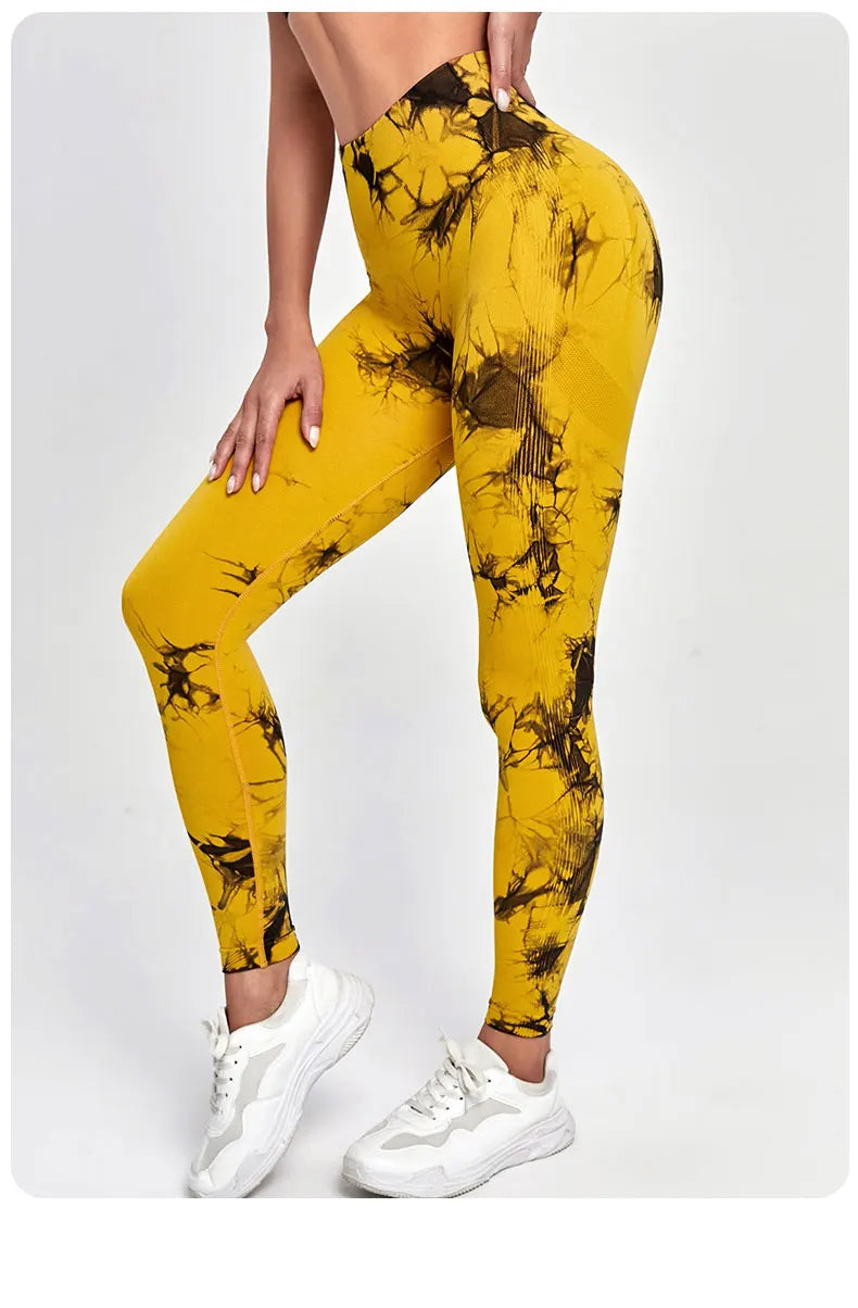 Pantalones de yoga con efecto tie dye para mujer, leggings push-up de cintura alta sin costuras para fitness