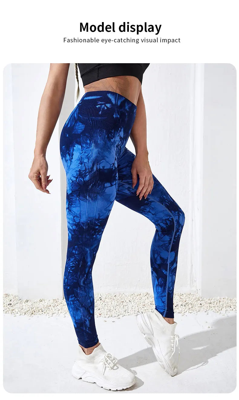 Pantalones de yoga con efecto tie dye para mujer, leggings push-up de cintura alta sin costuras para fitness