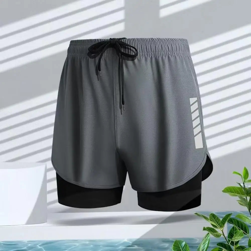 Pantalones cortos de baño de secado rápido para hombre, cintura elástica, doble capa, para correr, ajuste transpirable